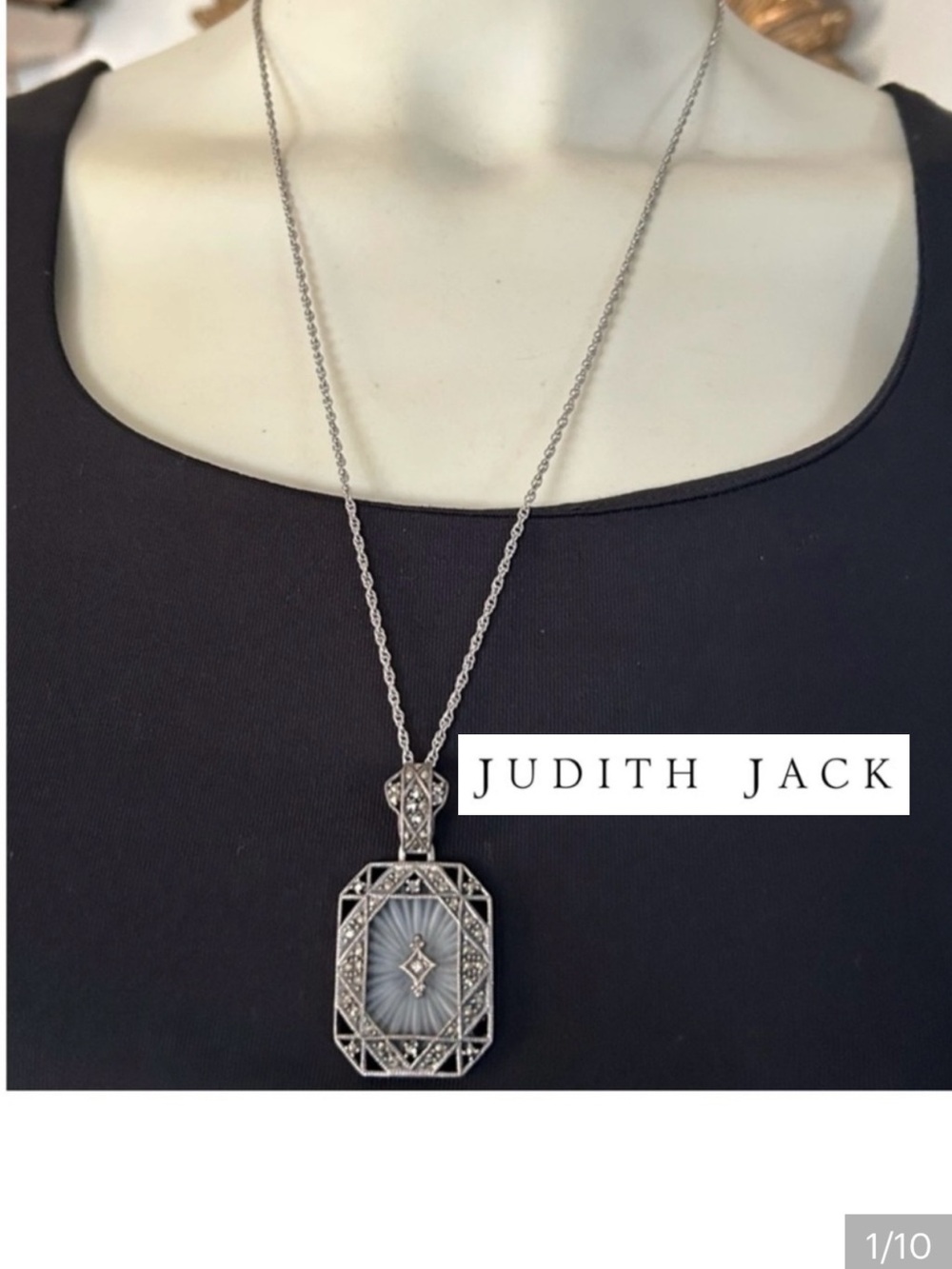 Vintage Art Deco DIAMOND Camphor Glass STERLING SILVER Marcasite Pendant Necklac